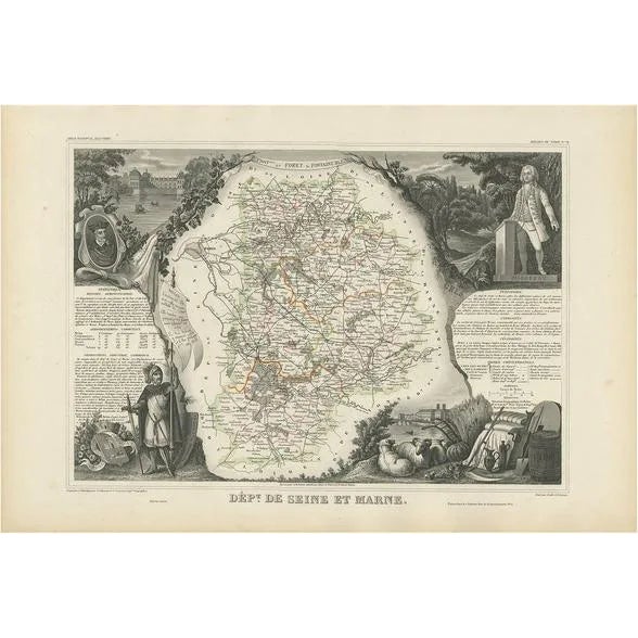 Antique Map of Seine Et Marne France by V. Levasseur, 1854 For Sale