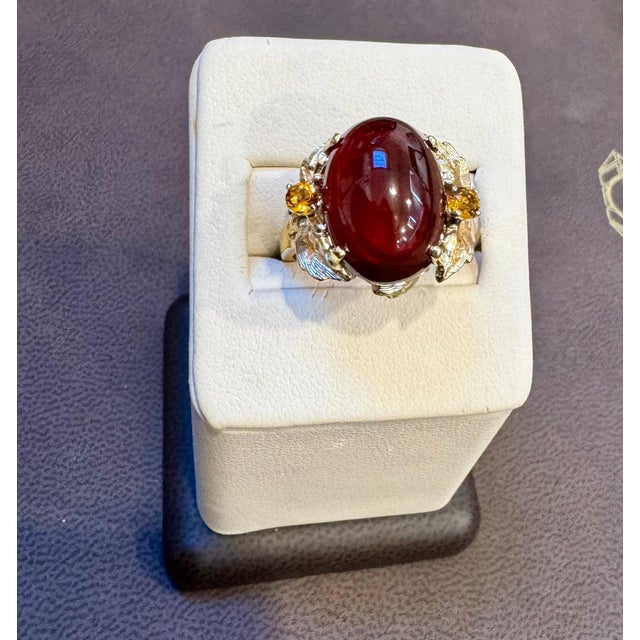 10.5 Carat Oval Garnet Cabochon 14 Karat Yellow Gold Cocktail Ring Vintage For Sale - Image 17 of 18
