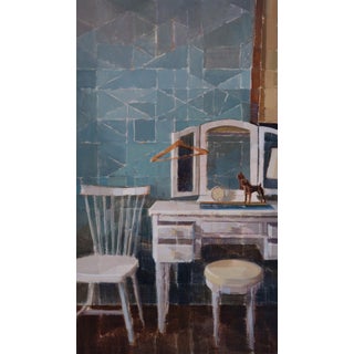 Blue and Dog by Hiroshi Sato | Oil Painting of a vanity with a dog figurine and chairs For Sale