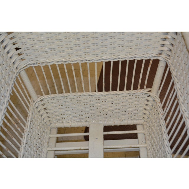 Vintage White Woven / Wicker & Wood Rolling Basket / Cart W/ Lift Out Large Basket For Sale - Image 11 of 12