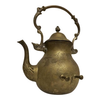 Antique Engraved Victorian Brass Hot Water Tea Kettle For Sale