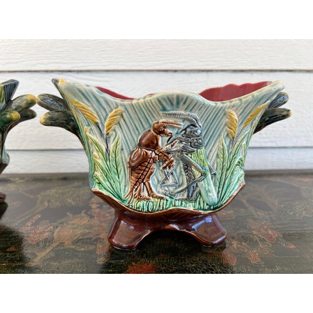 Pair Antique French Majolica Jardinières Insect Musician Cache Pot Planter C1880 For Sale - Image 12 of 18
