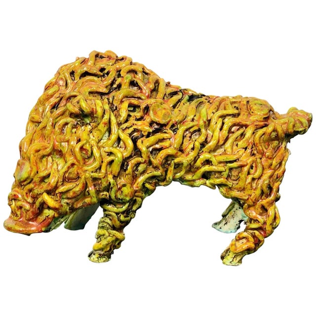 Yellow Italian Ceramic Boar Animal Sculpture by Gianluigi Mele, 1970s For Sale - Image 8 of 8