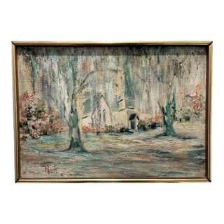 Mid-Century Impressionist Church Landscape Oil Painting – Christ Church Sea Island Georgia – Signed M. Nute For Sale