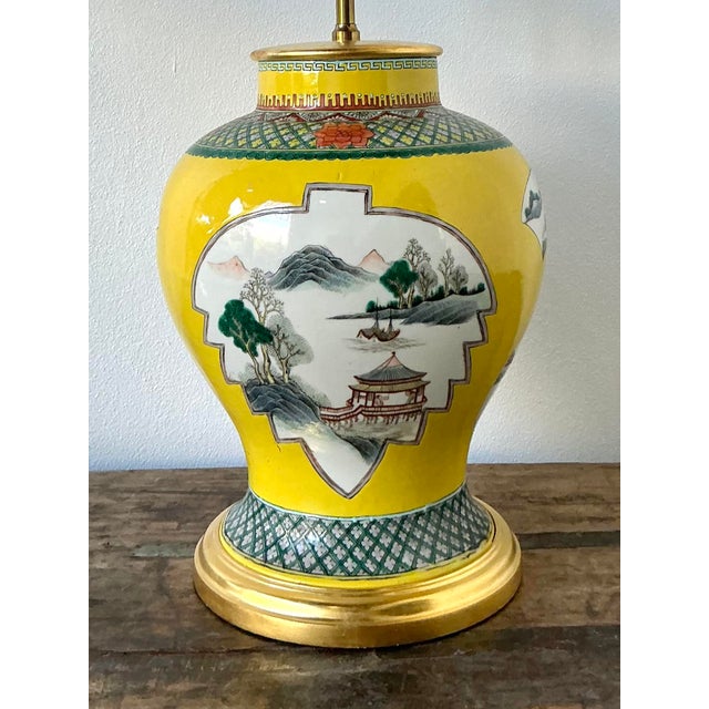 Chinoiserie Vintage Asian Glazed Ceramic Pastoral Lamps - A Pair For Sale - Image 3 of 9