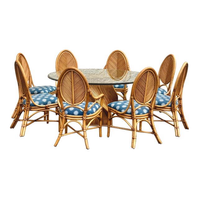 1970s Rattan Dining Set With Sculptural Twisted Base and Round Glass Top & 8 Dining Chairs For Sale