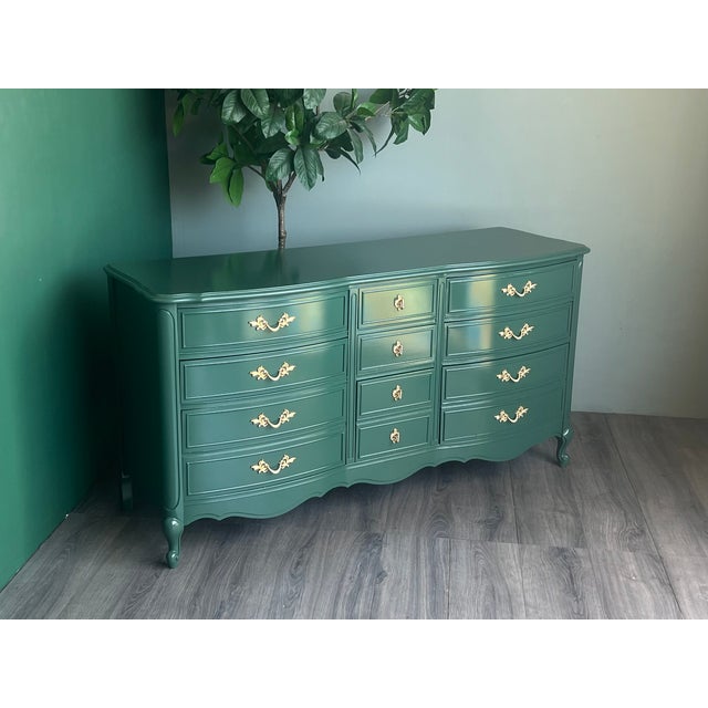 1970s 1970’s French Provincial Green Lacquered Dresser of Nine Drawers For Sale - Image 5 of 14