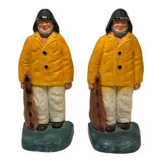 1920's Antique Solid Cast Iron Figurine Sailors Fishermen Statues Bookends - Set of 2 For Sale