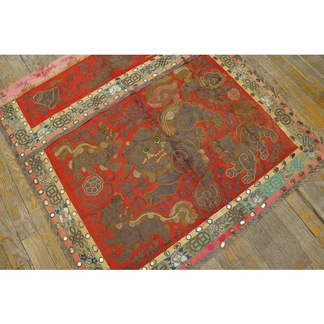 Chinese 1920s Red Foo Dog Antique Chinese Silk Textiles Embroidery 3' X 3' Rug For Sale - Image 3 of 14
