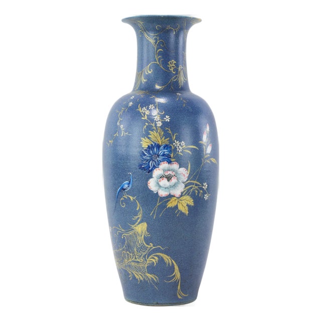 Vintage Hand-Painted Chinoiserie Vase With Blue Polychrome Flowers and Gilt Bird For Sale