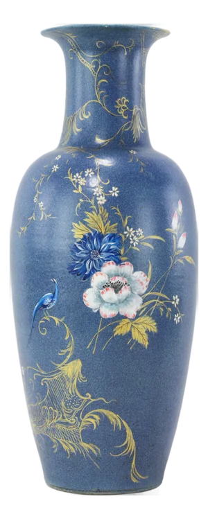 Vintage Hand-Painted Chinoiserie Vase With Blue Polychrome Flowers and Gilt Bird
