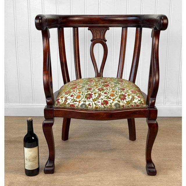 An Early 20th Century Edwardian Parlor Tub Chair Solid Mahogany with a Deep Satin Finish Nicely Decorated Curved Backrest...