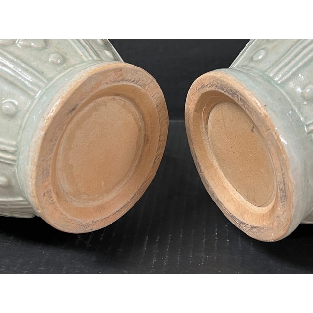 Pair of Chinese Art Celadon Porcelain Vase Raised Floral Design For Sale - Image 9 of 10