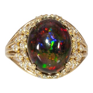 3.3Ct Black Opal Ring With Natural Diamond Accents: Solid 14k Gold, Size 6.75 For Sale