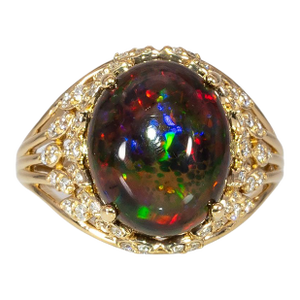 3.3Ct Black Opal Ring With Natural Diamond Accents: Solid 14k Gold, Size 6.75