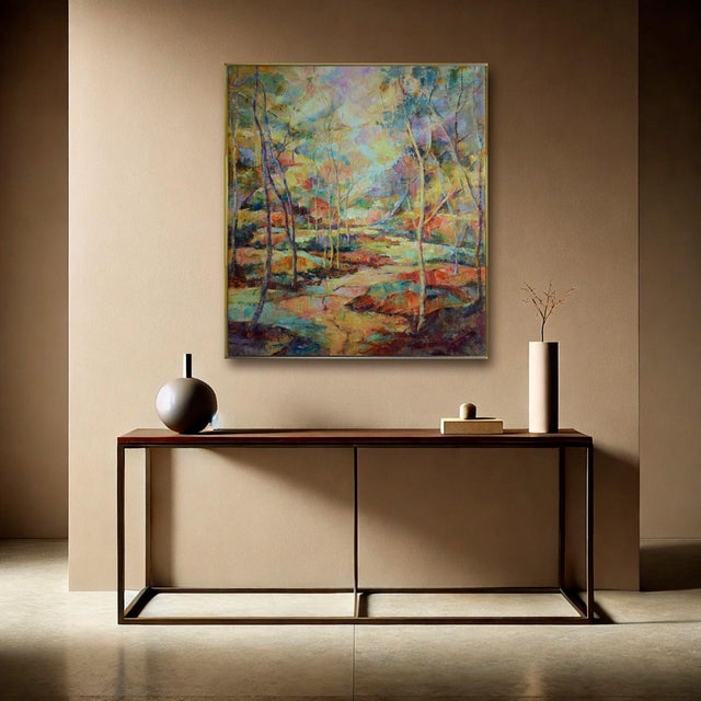 "Sunset Reflections" is a luminous contemporary painting by Alfonso Pragliola, capturing the quiet beauty of a forest...