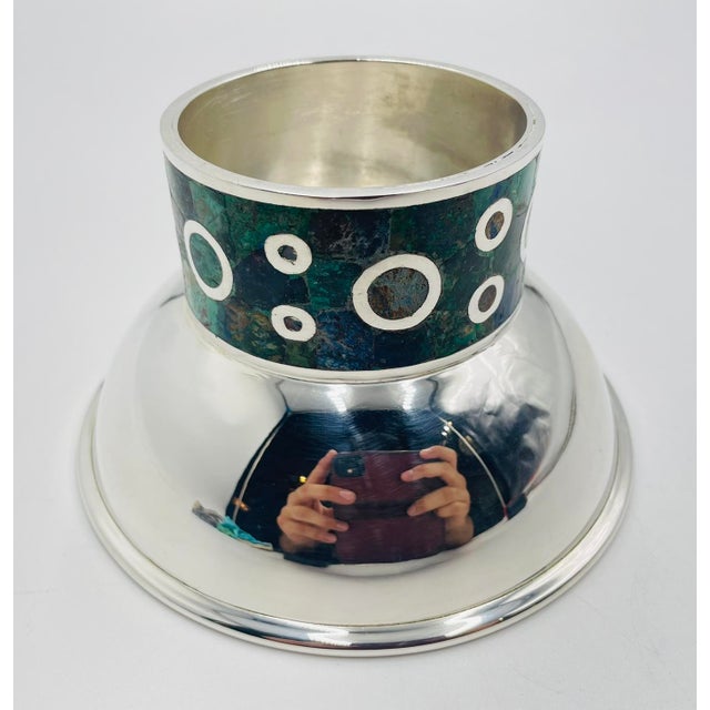 Metal Los Castillo Silver Plate Malachite & Lapis Inlaid Bowl, Taxco, Mexico, 1960s For Sale - Image 7 of 18