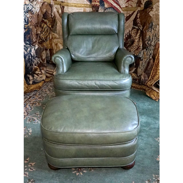 A. Rudin Olive Green Leather Chair and Ottoman Chairish