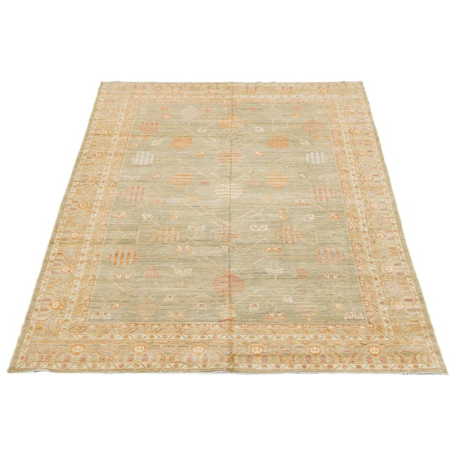 Artisan Sage & Terracotta Hand-Knotted Khotan Pomegranate Wool Rug 10x14 For Sale - Image 4 of 11