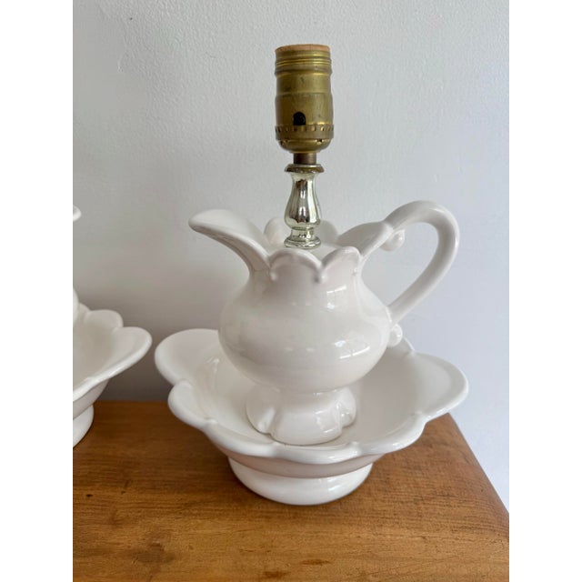 1970s 1970s French Country White Ceramic Pitcher and Basin Lamp Pair For Sale - Image 5 of 8