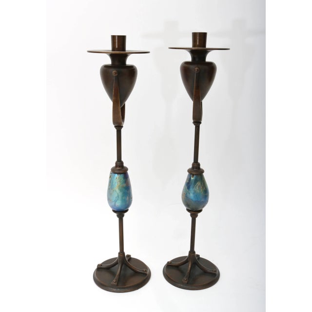 Art Nouveau Bronze and Favrile Glass Candle Holders Candlesticks by Louis C. Tiffany Furnaces Inc. - a Pair For Sale - Image 3 of 11