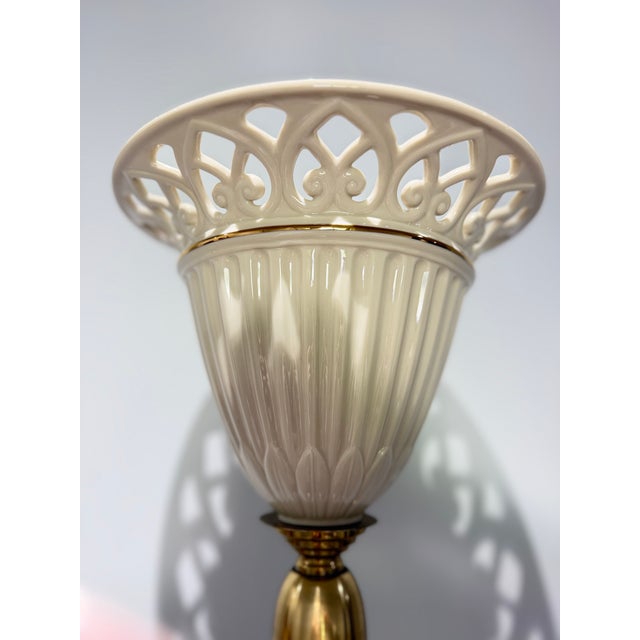 Metal Late 20th Century Lenox X Quoizel Neoclassical Brass & Ivory Porcelain Torchiere Floor Lamp For Sale - Image 7 of 10