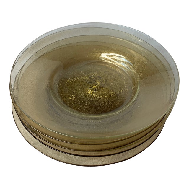 1940s Hand-Blown Murano Plates With Aventurine Gold Flakes- Set of 6 For Sale