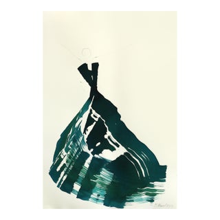The Teal Dress 3 - Original Ink Painting on French Linen Paper by Bettina Mauel For Sale