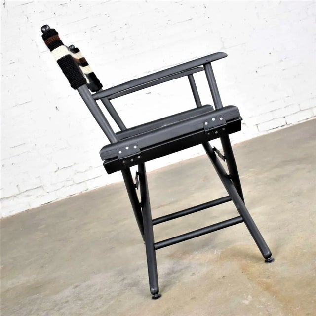 Vintage Modern Director’s Chair Folding Black Brown White Geometric Needlepoint For Sale - Image 6 of 13