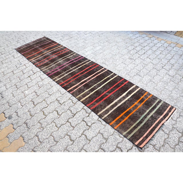1960s Turkish Handmade Stripe Kilim Runner Rug For Sale - Image 10 of 11