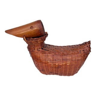 Vintage Wicker & Bamboo Wood Duck For Sale