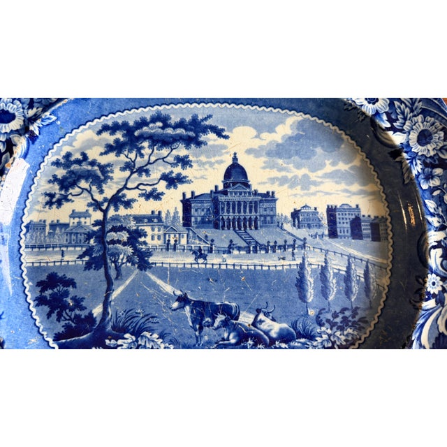 Farmhouse A Very Nice Antique Historical Blue Decorated Staffordshire Platter "State House Boston" by J. Stubbs, Circa 1820's For Sale - Image 3 of 14