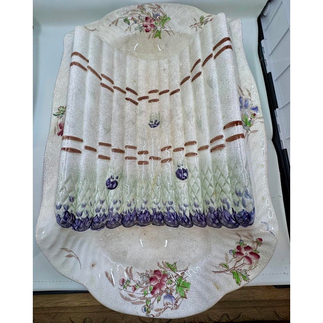 Antique 19th Century Ceramic Asparagus Serving Tray With Hand Painted Floral Designs For Sale - Image 4 of 12