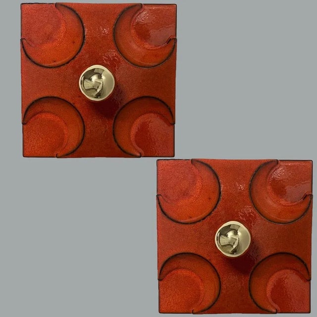 1970s German Orange Square Ceramic Wall Lights, 1970, Set of 2 For Sale - Image 5 of 11