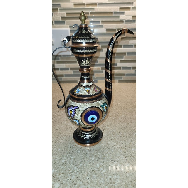 1980s Vintage Turkish Copper & Enamel Evil Eye Ewer | Hand-Painted Nazar Decorative Vessel, 1970s For Sale - Image 5 of 10