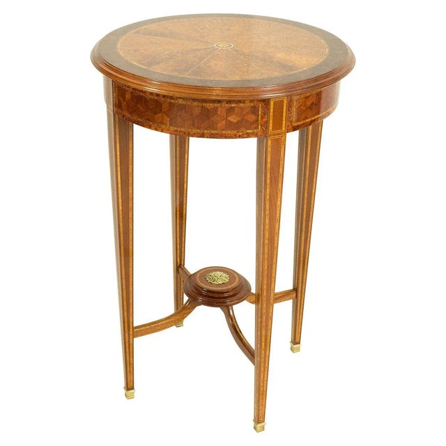 Wood Antique Edwardian Burl and Mahogany Marquetry Side Table For Sale - Image 7 of 7