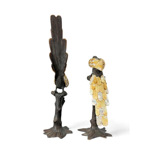 Maitland Smith Bronze & Mother of Pearl Parrot Sculptures, a Pair For Sale - Image 11 of 15