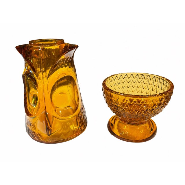 Viking Glass Company Vintage Viking Art Glass Amber Owl Glimmer Fairy Lamp on Diamond Point Pedestal Base, Mid-Century Modern, C. 1969 For Sale - Image 4 of 7