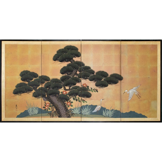 "Big Pine Tree and Egrets", Showa Era Japanese Byobu Screen For Sale - Image 18 of 18