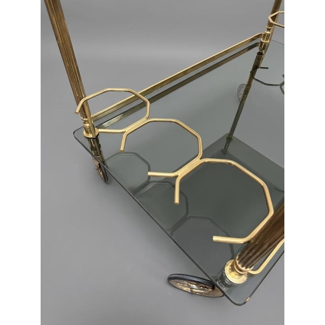 Hollywood Regency Brass and Glass Bar Trolley For Sale - Image 4 of 7