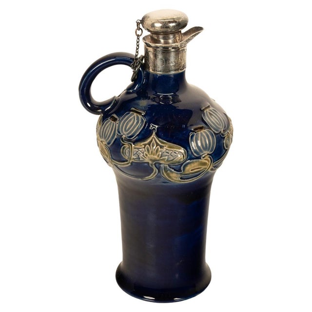 Antique Royal Doulton Lambeth Art Nouveau pottery stoneware whiskey jug with sterling silver mounts by George Betjemann &...