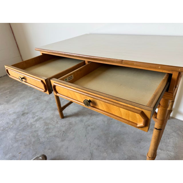 Vintage Coastal Ficks Reed Faux Bamboo Rattan Desk With Chair For Sale - Image 4 of 12