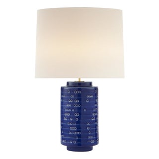Darina Large Table Lamp in Pebbled Blue With Linen Shade For Sale