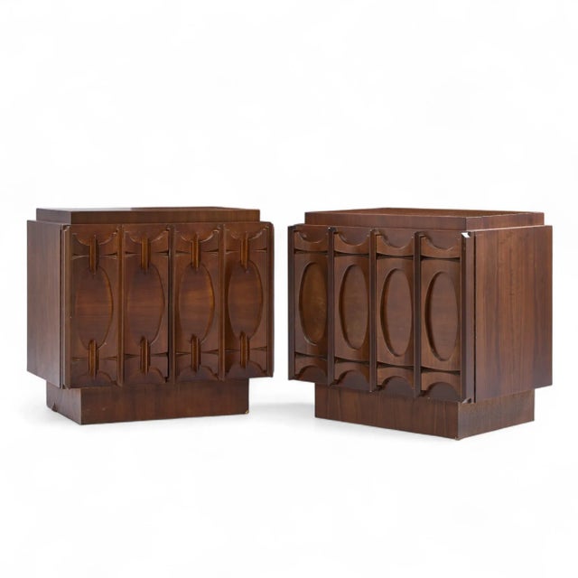 Tobago Brutalist Mid Century Walnut Nightstands - Pair Each nightstand measures: 26 wide x 18 deep x 24.75 inches high...