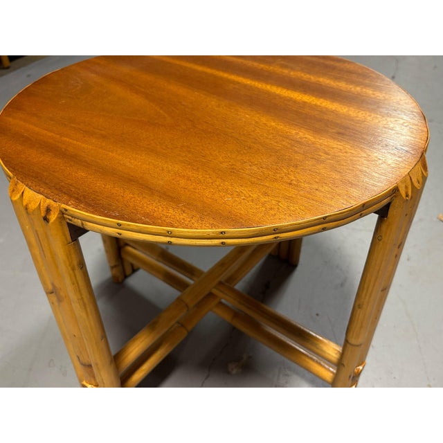 Restored Vintage Rattan Vertically Stacked Circular Drink Side Table With Mahogany Top For Sale - Image 4 of 9