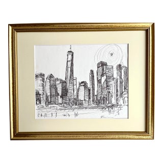Tom Christopher Expressionst Drawing of New York Skyline Pen and Ink. For Sale