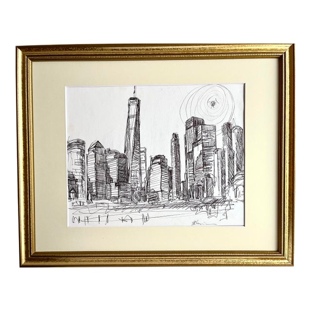 Tom Christopher Expressionst Drawing of New York Skyline Pen and Ink. For Sale