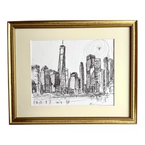 Tom Christopher Expressionst Drawing of New York Skyline Pen and Ink.