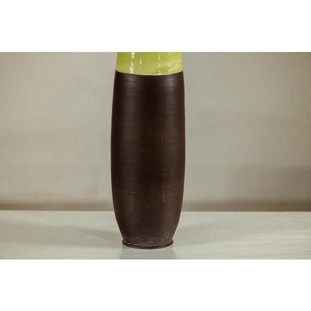 Tall Artisan Ceramic Vase with Glossy Green and Matte Brown Glaze For Sale - Image 4 of 18