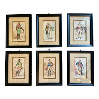 Mid 19th Century Set of 6 Antique Hand-Colored Lithographs of Napoleonic Generals in Military Costume, Framed For Sale